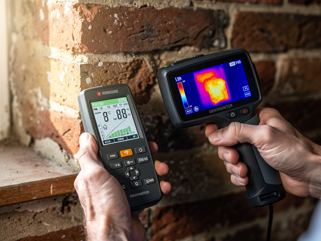 Close up of professional surveyor tools including damp meter and thermal camera
